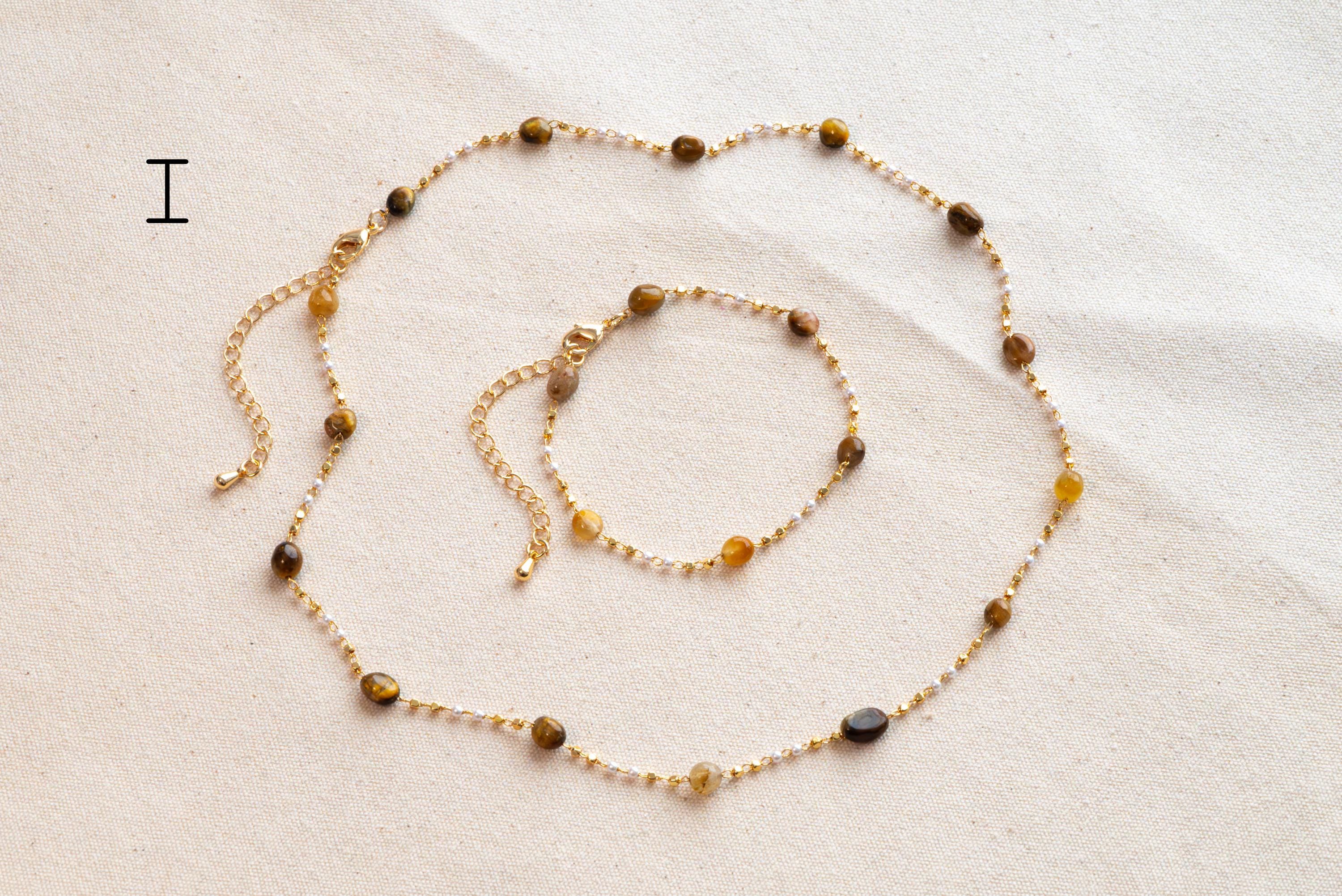 Natural Gemstone faux Pearl Chain Bracelet Necklace Anklet, Gold Beaded Jewelry, Minimalist Layering Chain, Jewelry Supplies (#LK-625)